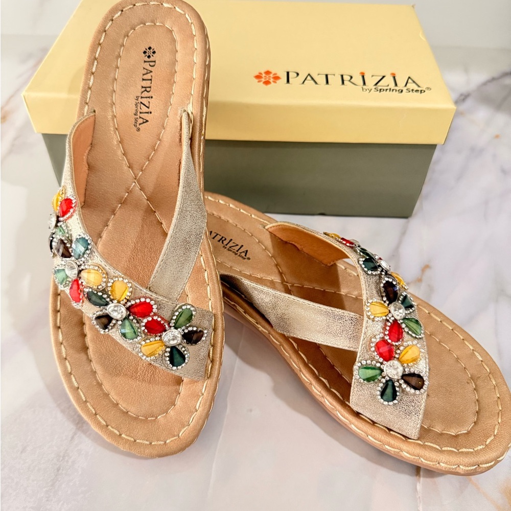 Spring Step Tan Bohemian Sandals with Floral Embellishments